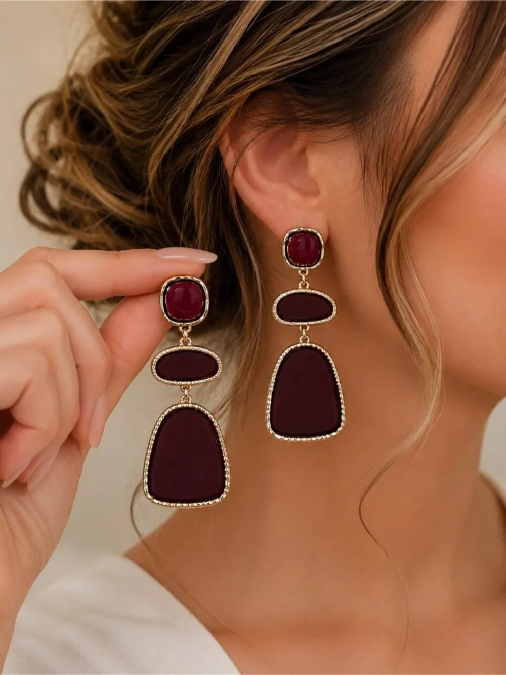 Elegant Burgundy Statement Drop Earrings - Women Jewelry